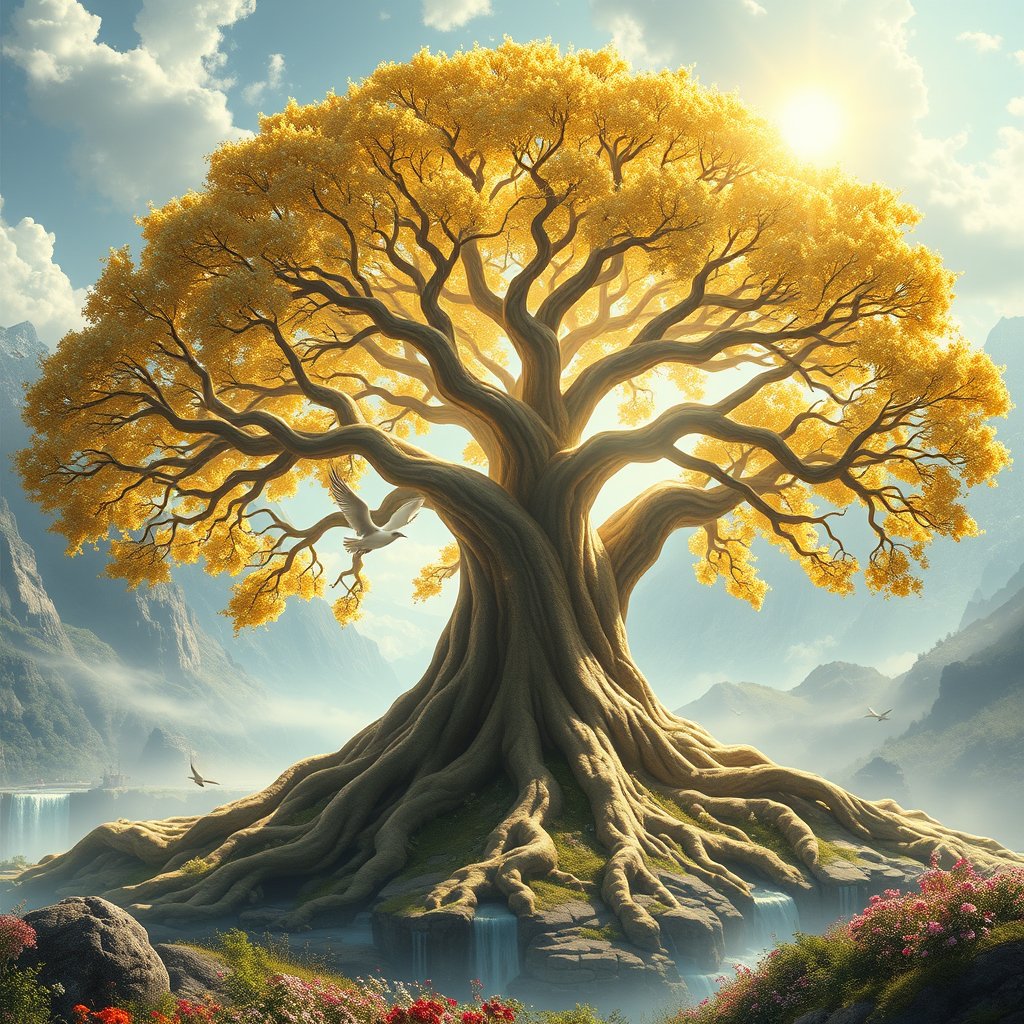 A magnificent ancient Tree of Life standing in the center of a magical landscape, enormous glowing roots spreading across the earth, golden leaves sparkling in sunlight, birds flying around it, flowers blooming beneath the tree, mountains and waterfalls in the distance, symbolic of life and hope, breathtaking fantasy digital art, highly detailed, 4K., bright and airy, pastel tones, dreamy aesthetic
