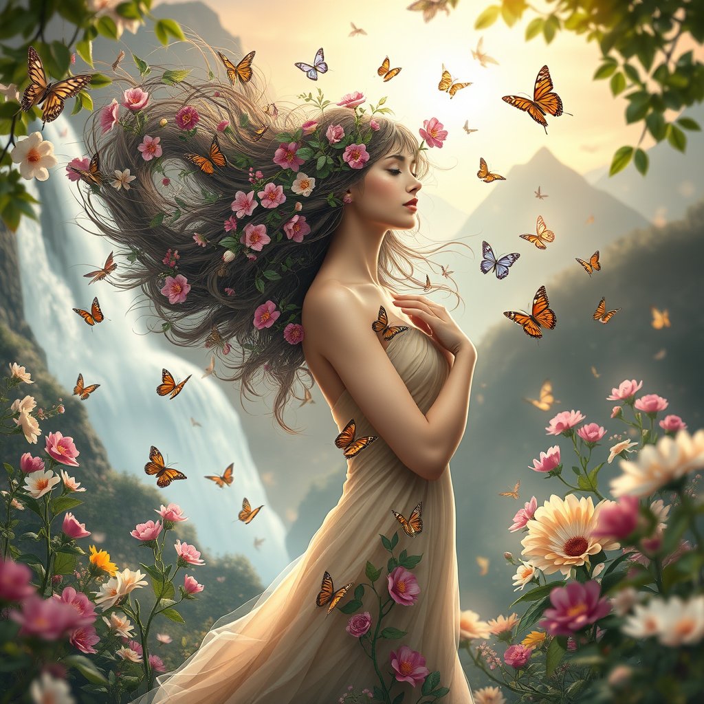 A graceful woman surrounded by blooming flowers and butterflies, her hair transforming into flowing vines and leaves, mountains and waterfalls behind her, golden sunlight, magical connection between humans and nature, elegant fantasy artwork, soft dreamy colors, highly detailed., soft natural light, shallow depth of field, bokeh