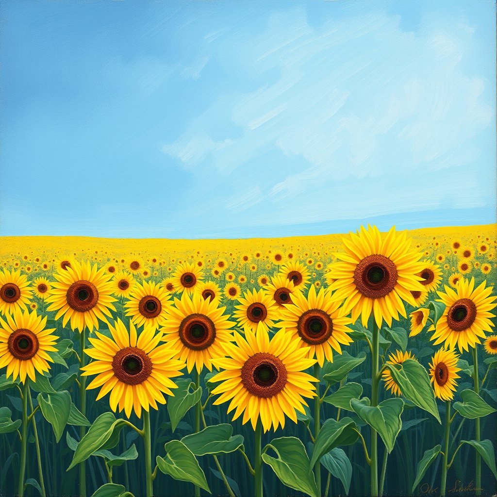 an oil painting of a sunflower field in van gogh style, minimalist composition, clean background, elegant