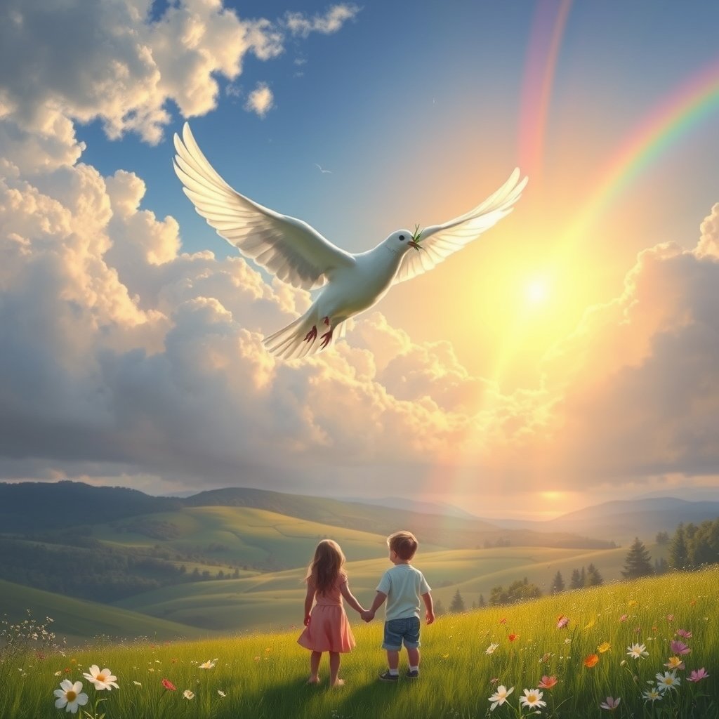 A white dove flying above a peaceful landscape, olive branch in its beak, soft clouds opening to golden sunlight, children holding hands below, flowers blooming across green fields, subtle rainbow in the sky, symbolic and emotional artwork, realistic fantasy painting, cinematic lighting., bright and airy, pastel tones, dreamy aesthetic