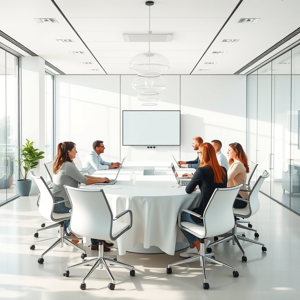 a business team meeting around a conference table, bright and airy, pastel tones, dreamy aesthetic