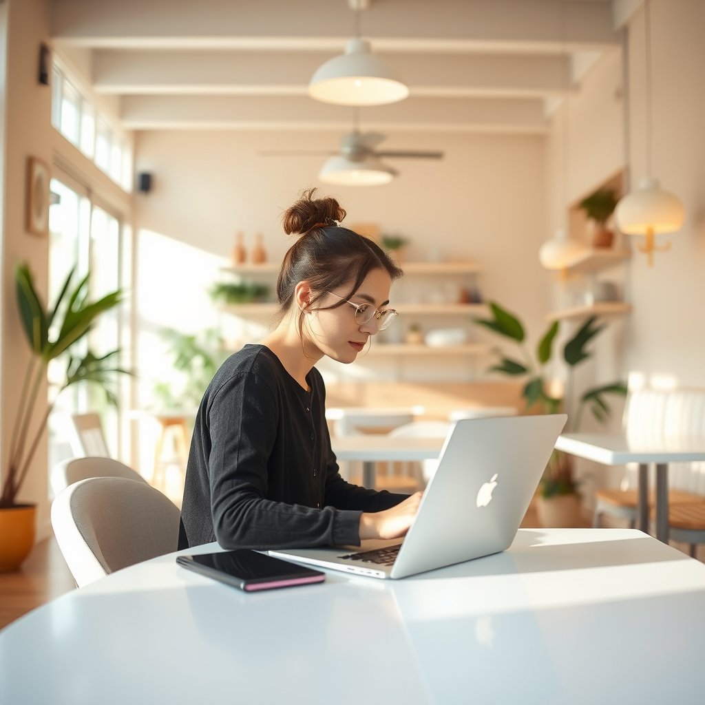 a person working on a laptop in a bright cafe, bright and airy, pastel tones, dreamy aesthetic