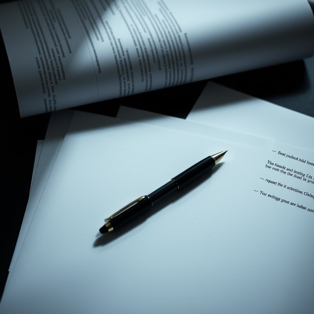 a clean flat-lay of business documents and pen, moody lighting, high contrast, fine art photography