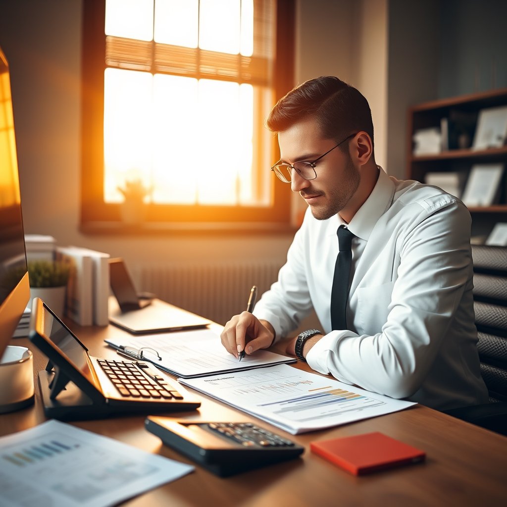accountant working at desk with financial documents and calculator, professional office, natural light, golden hour lighting, warm tones, atmospheric