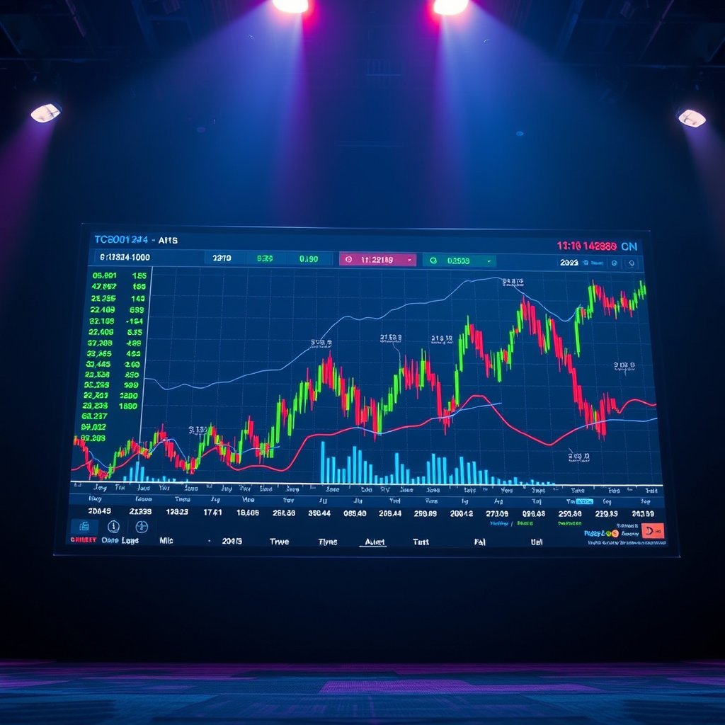 a stock market data visualization on a screen, cinematic lighting, vibrant colors, dramatic atmosphere