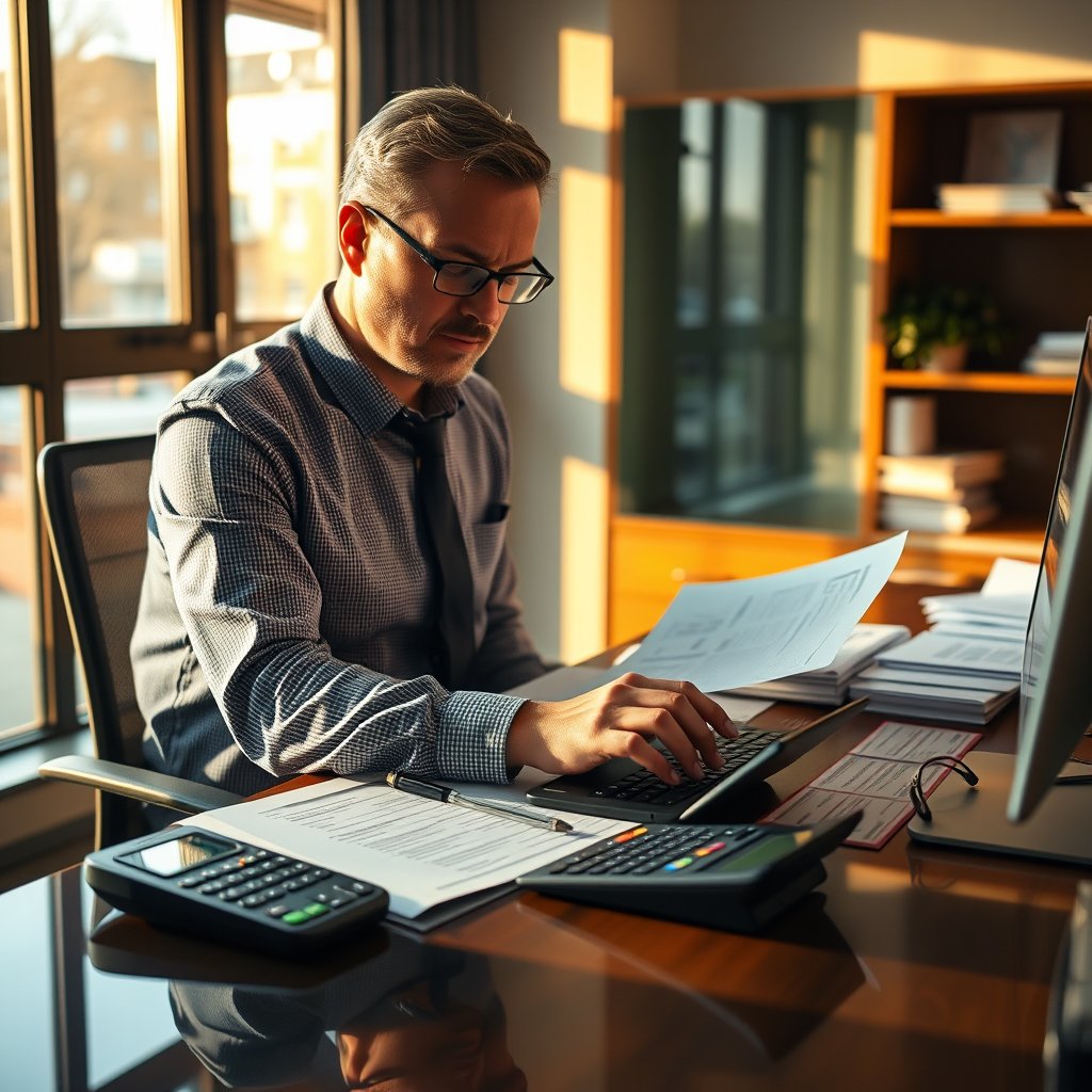 accountant working at desk with financial documents and calculator, professional office, natural light, golden hour lighting, warm tones, atmospheric
