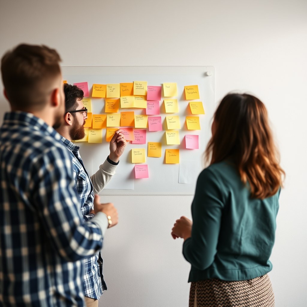 a startup team brainstorming with sticky notes on a wall, soft natural light, shallow depth of field, bokeh