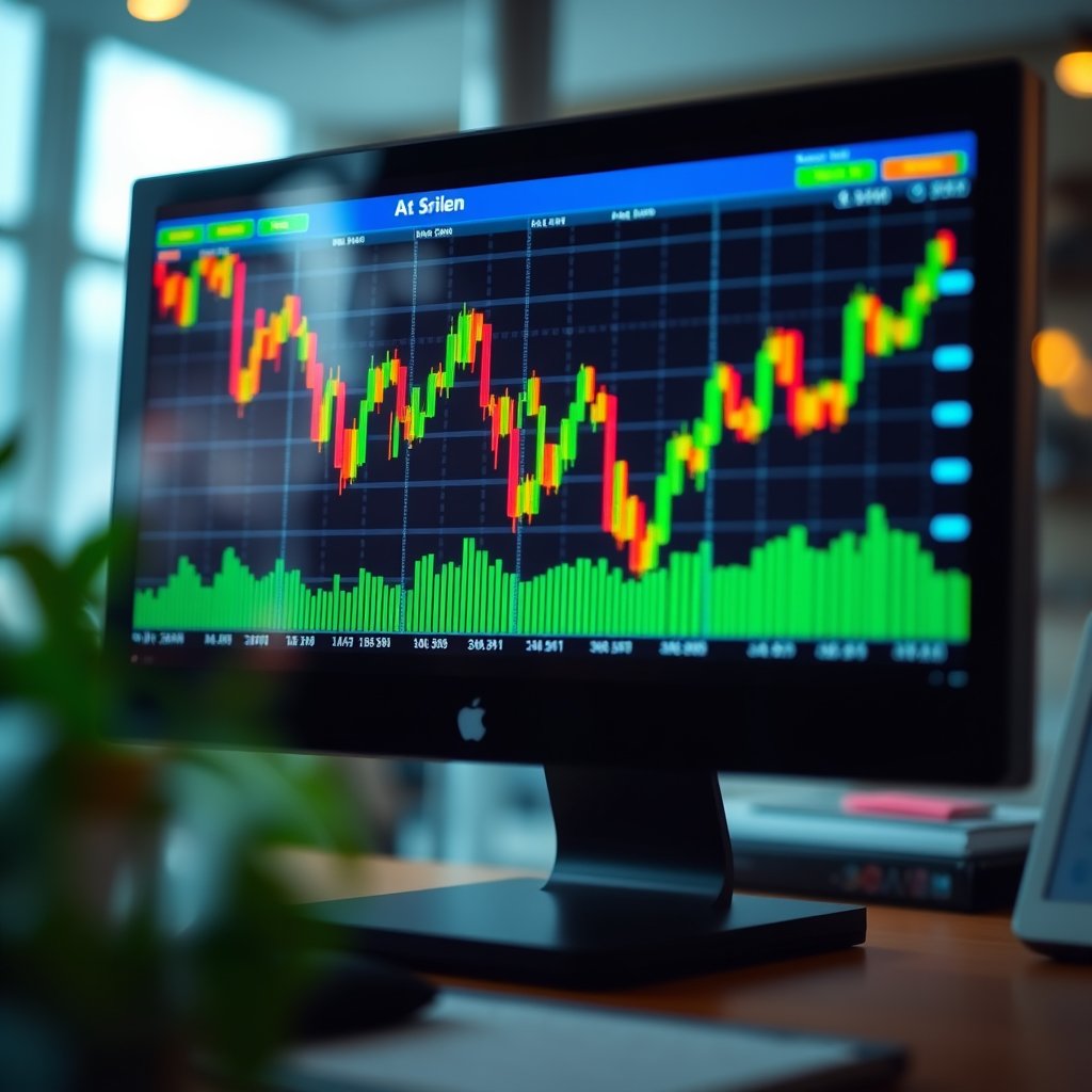a stock market data visualization on a screen, soft natural light, shallow depth of field, bokeh