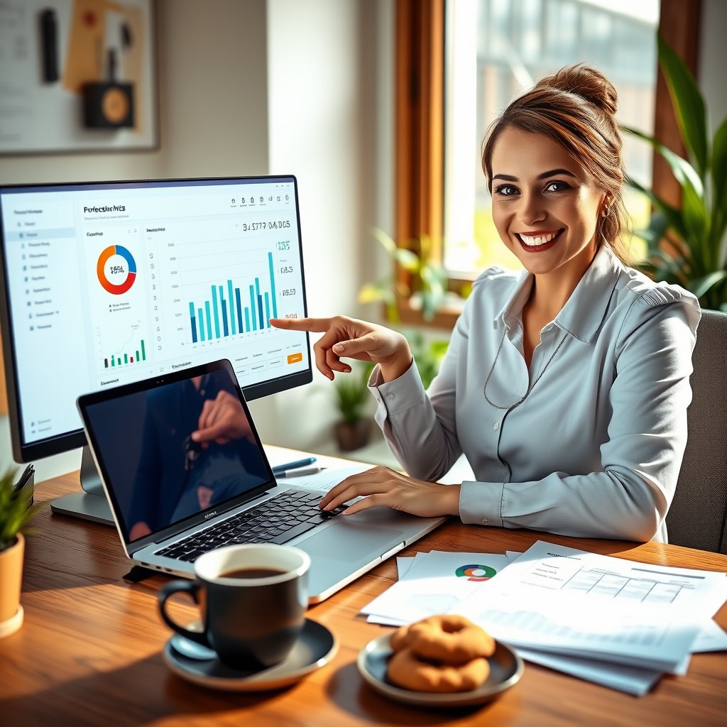 friendly female accountant pointing at a laptop screen showing a clean financial dashboard, financial documents on desk, cup of coffee and cookies, warm sunny office with plants and window, photorealistic, warm natural tones, realistic, soft natural light, shallow depth of field, bokeh