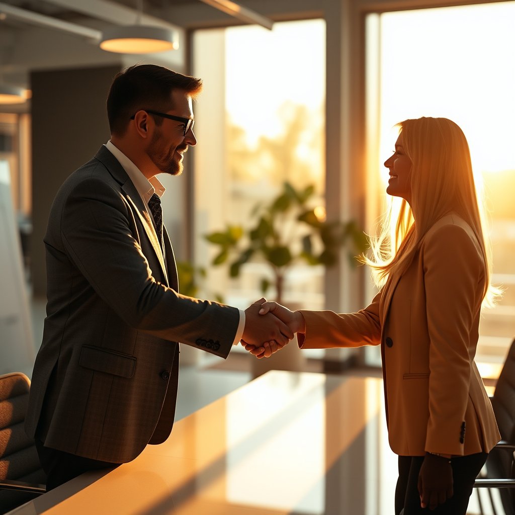 a professional handshake in a bright office, golden hour lighting, warm tones, atmospheric