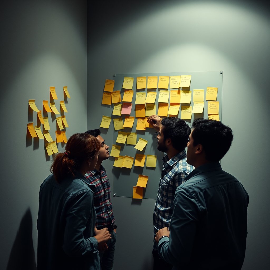 a startup team brainstorming with sticky notes on a wall, moody lighting, high contrast, fine art photography