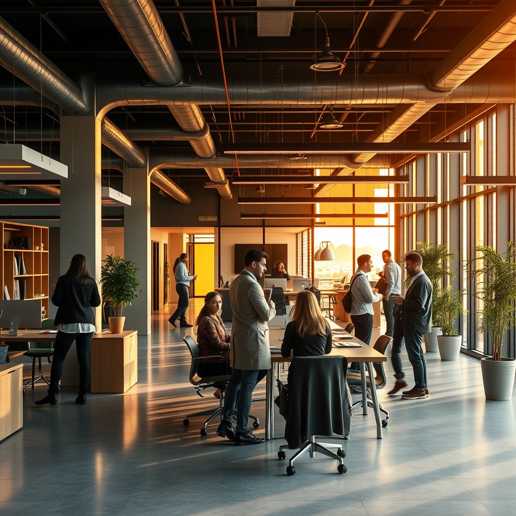 a modern open office space with people collaborating, golden hour lighting, warm tones, atmospheric