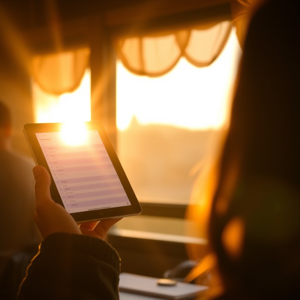 ipad checking planner, golden hour lighting, warm tones, atmospheric