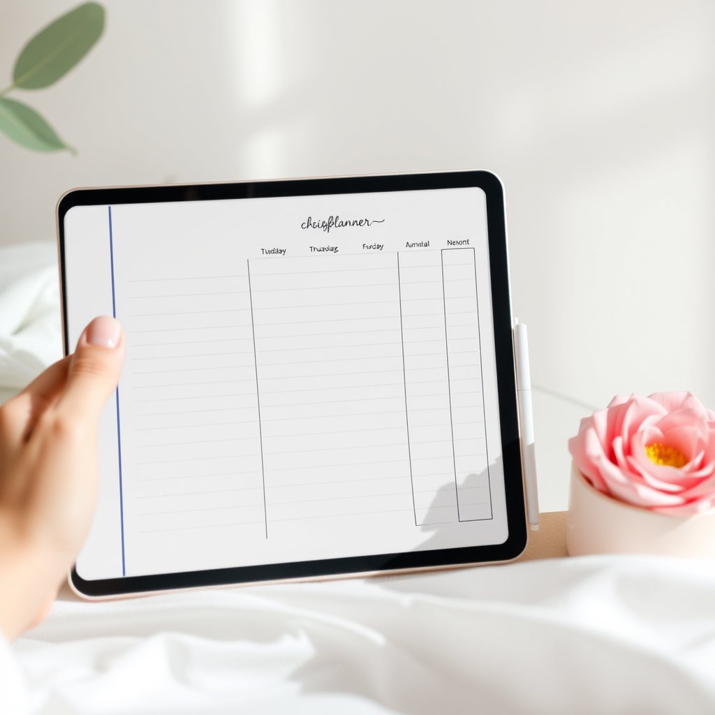 very simple ipad checking planner, bright and airy, pastel tones, dreamy aesthetic