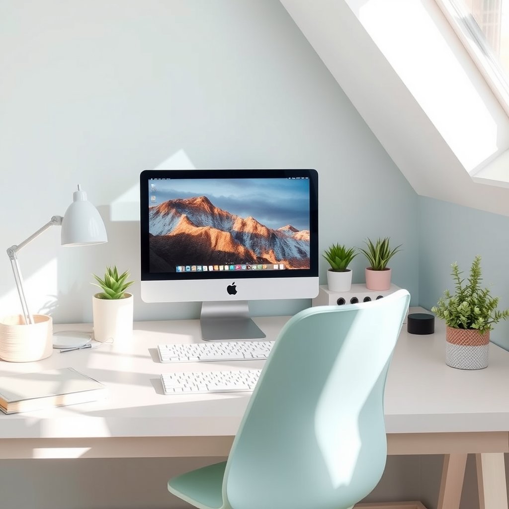office desk, bright and airy, pastel tones, dreamy aesthetic