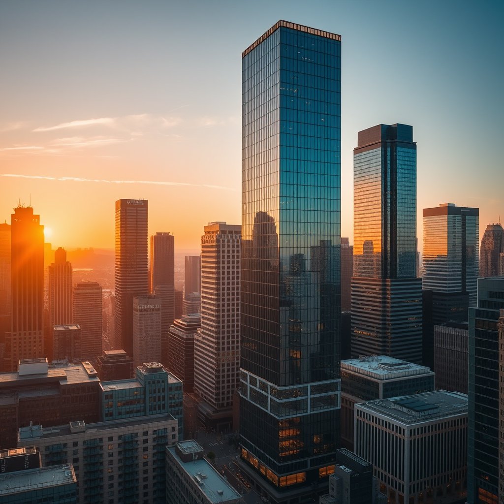 a city financial district with glass office towers, golden hour lighting, warm tones, atmospheric