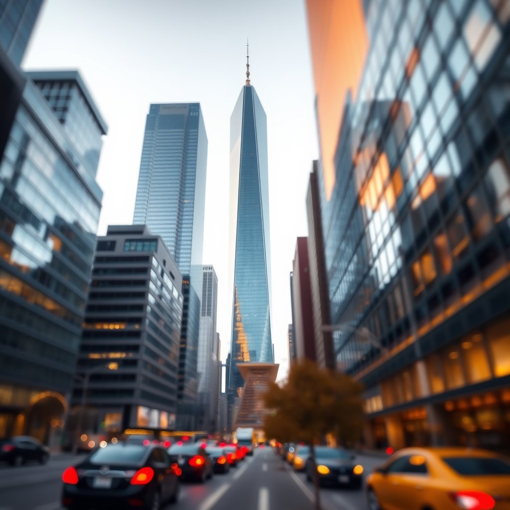 a city financial district with glass office towers, soft natural light, shallow depth of field, bokeh