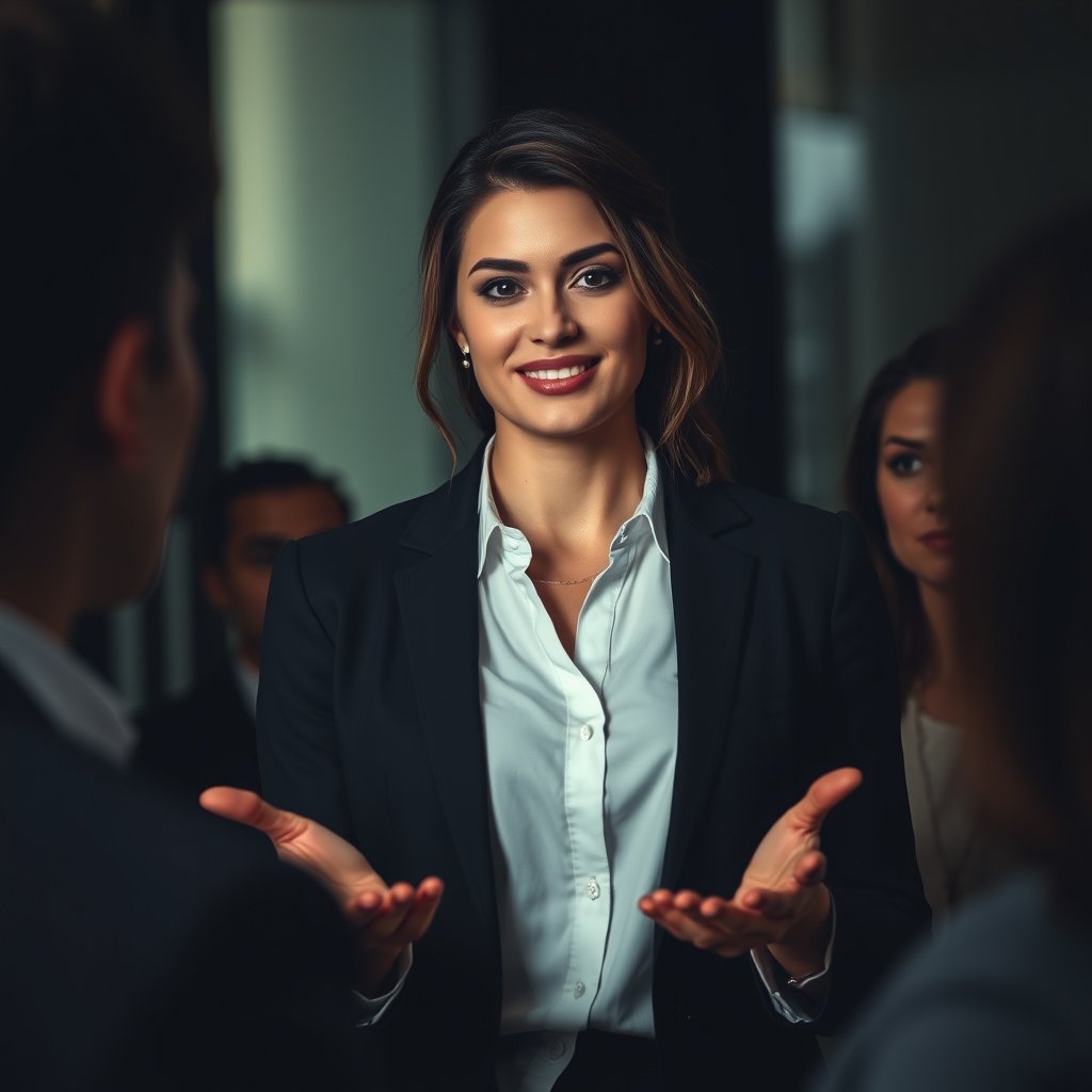 a confident businesswoman presenting to colleagues, moody lighting, high contrast, fine art photography