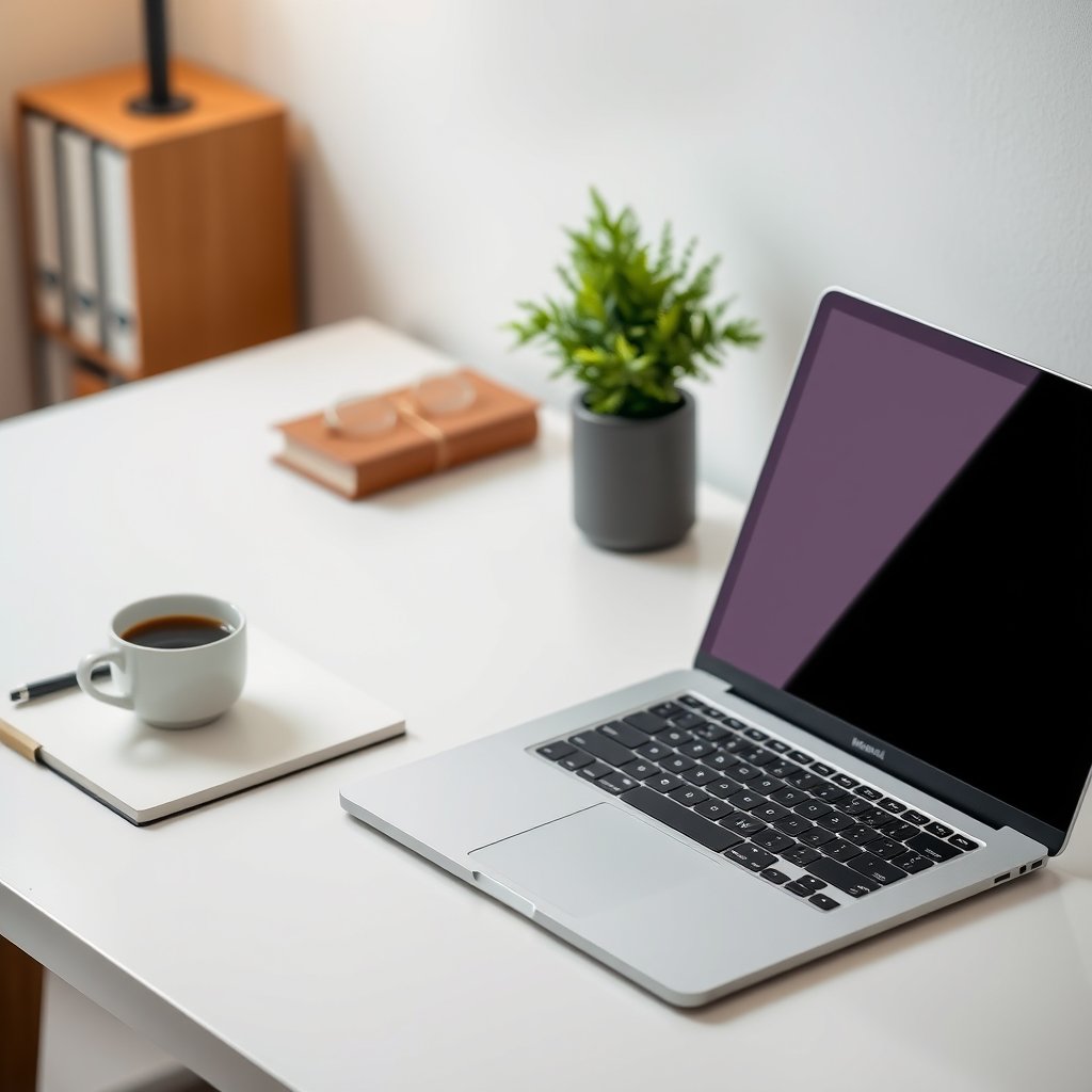 a minimalist desk with a laptop, coffee and notebook, ultra realistic, crisp details, studio quality