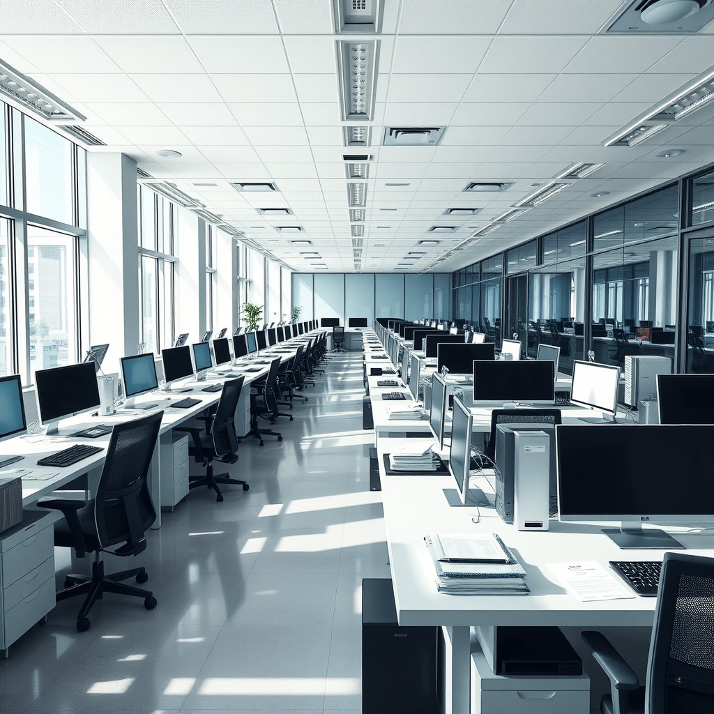 modern accounting office interior, rows of desks with computers and documents, bright daylight, clean workspace, ultra realistic, crisp details, studio quality