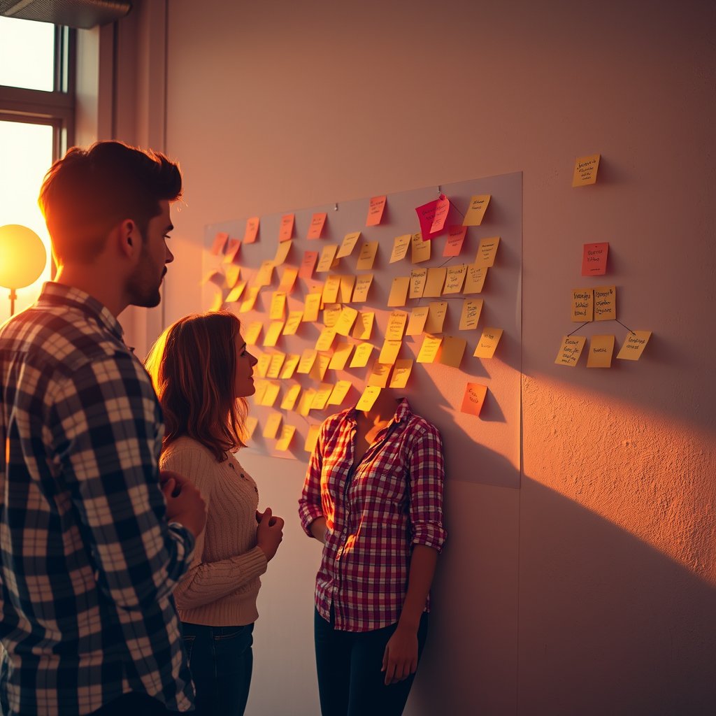 a startup team brainstorming with sticky notes on a wall, golden hour lighting, warm tones, atmospheric