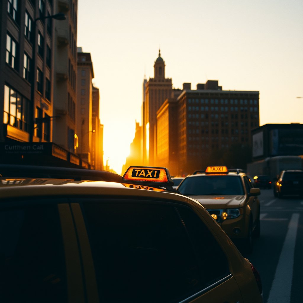 Downtown Cab Co., golden hour lighting, warm tones, atmospheric