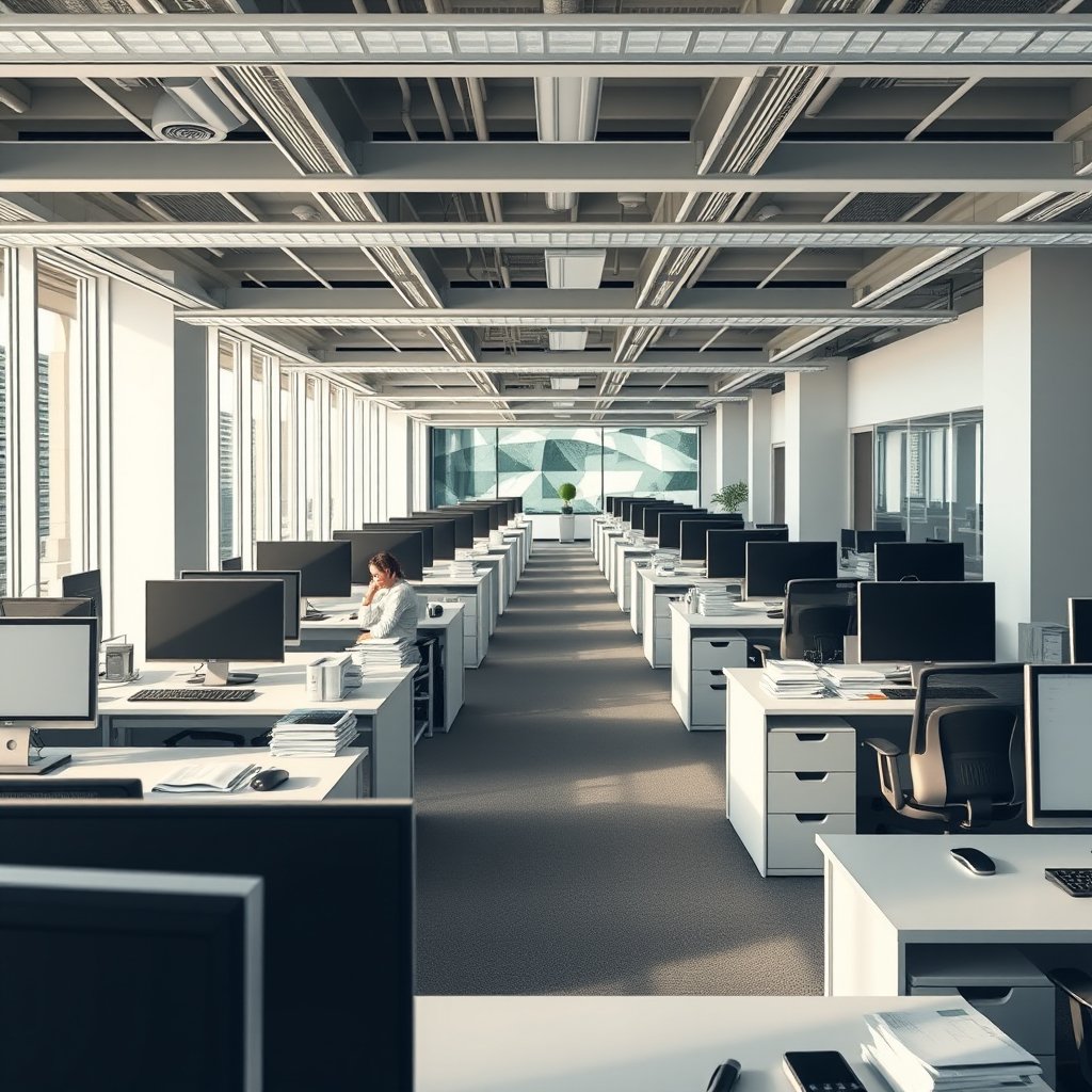 modern accounting office interior, rows of desks with computers and documents, bright daylight, clean workspace, ultra realistic, crisp details, studio quality