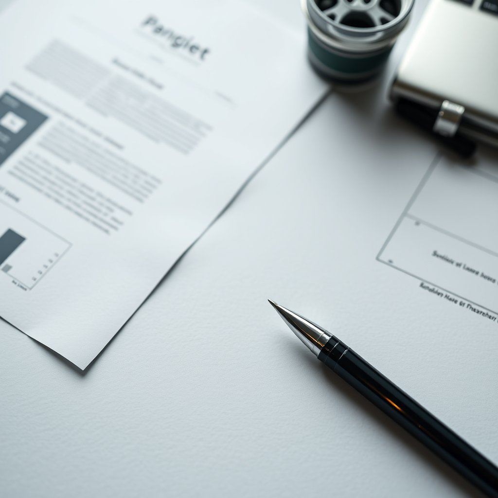 a clean flat-lay of business documents and pen, highly detailed, 8k, professional photography, sharp focus