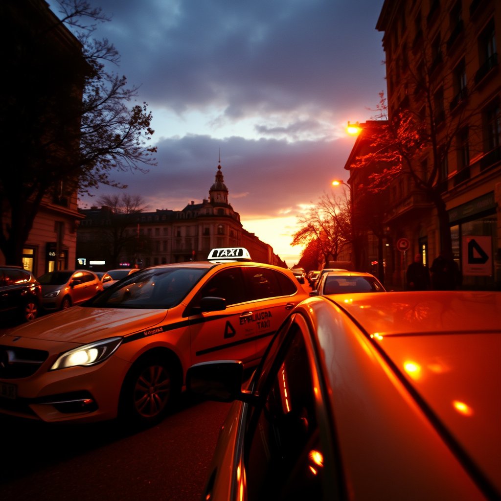 entreprise de taxi, golden hour lighting, warm tones, atmospheric