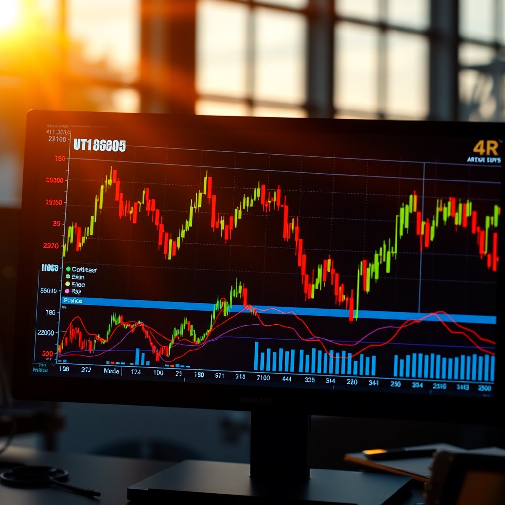 a stock market data visualization on a screen, golden hour lighting, warm tones, atmospheric