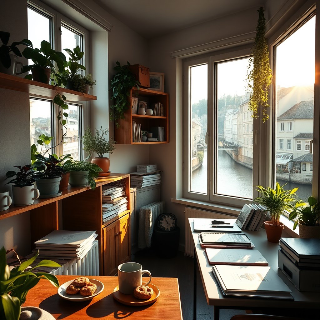 warm cozy small office interior for a tiny team, summer sunlight streaming through windows, green plants on windowsills and shelves, wooden shelves with ceramic mugs and a plate of cookies, neat desks with documents, small river and historic old town visible through the window, welcoming hygge atmosphere, warm inviting tones, created with love for employees, cinematic lighting, vibrant colors, dramatic atmosphere