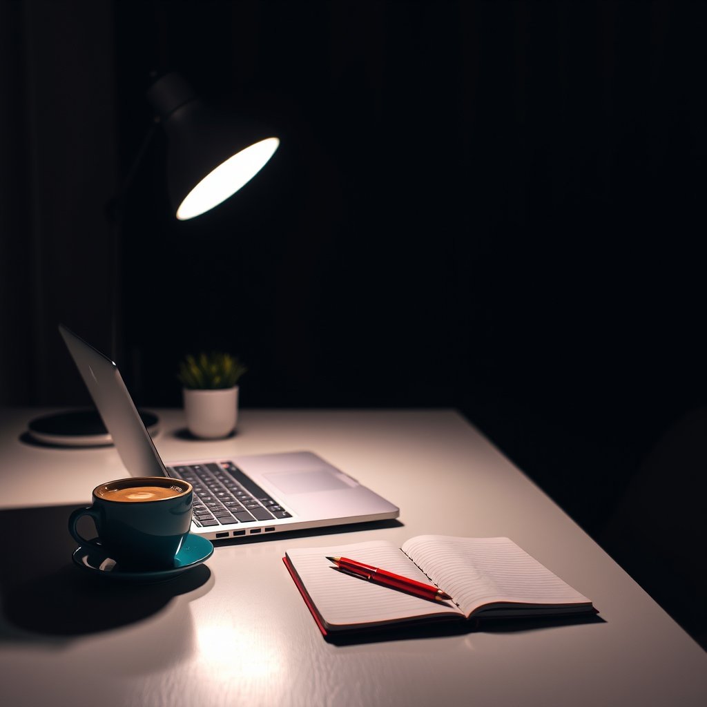 a minimalist desk with a laptop, coffee and notebook, cinematic lighting, vibrant colors, dramatic atmosphere
