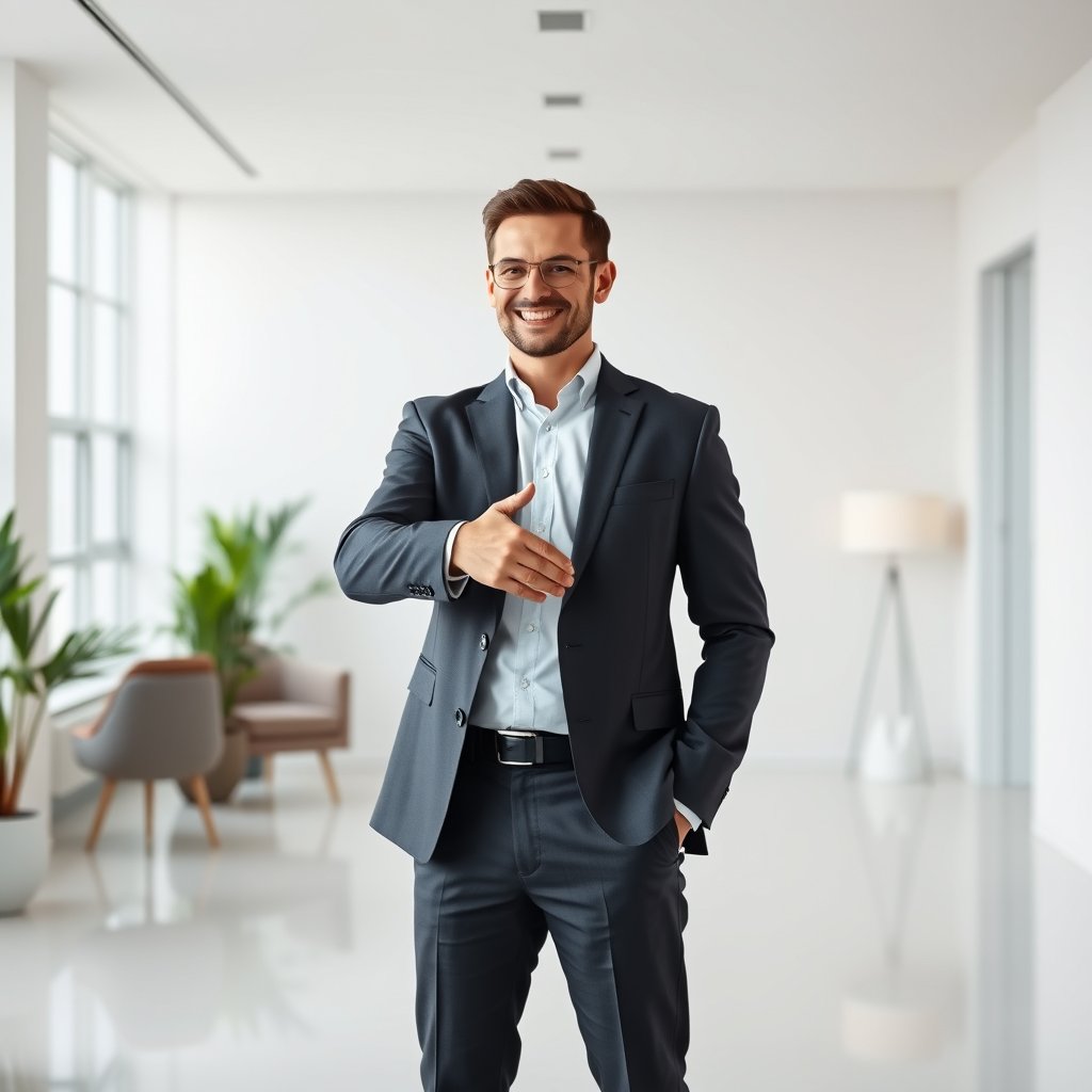 a professional handshake in a bright office, minimalist composition, clean background, elegant