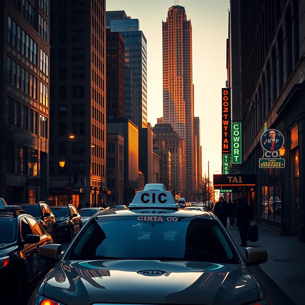 Downtown Cab Co batiment, golden hour lighting, warm tones, atmospheric