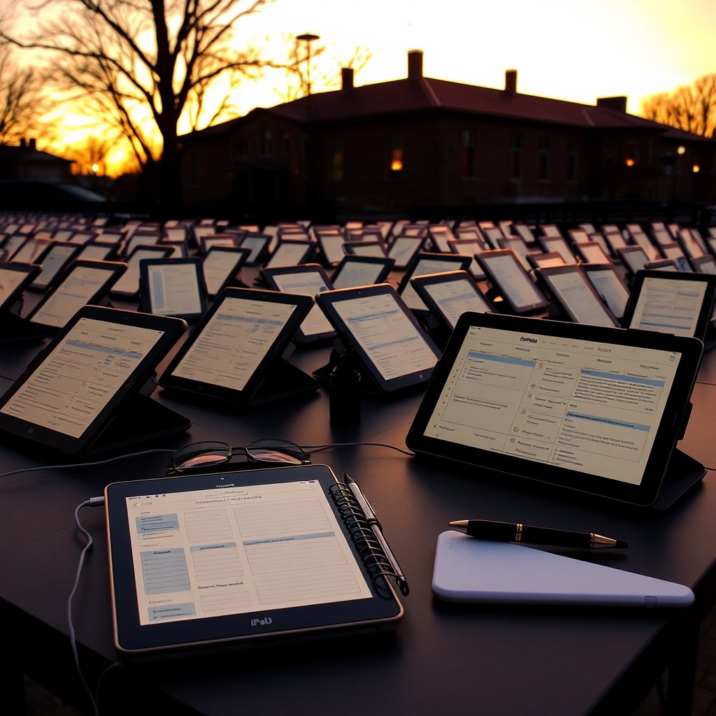 10 Planner ipads everywhere, golden hour lighting, warm tones, atmospheric