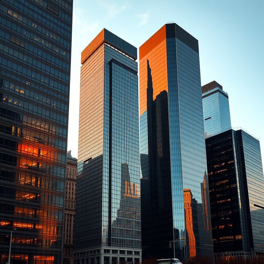 a city financial district with glass office towers, golden hour lighting, warm tones, atmospheric