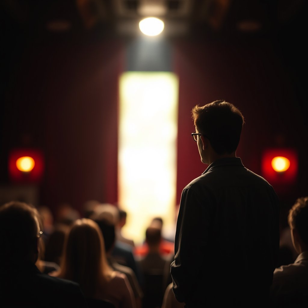stand up comedy show stage an dpeople view center, soft natural light, shallow depth of field, bokeh