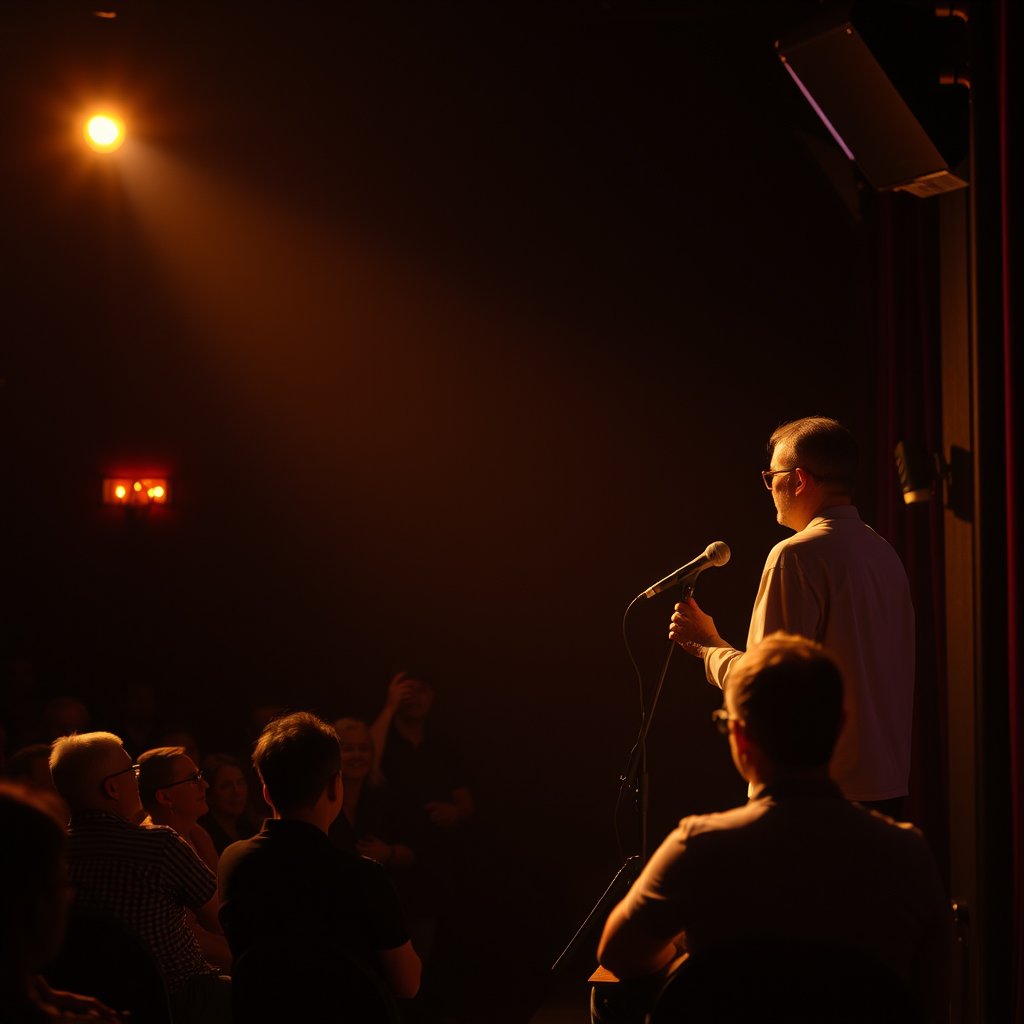 stand up comedy show, golden hour lighting, warm tones, atmospheric