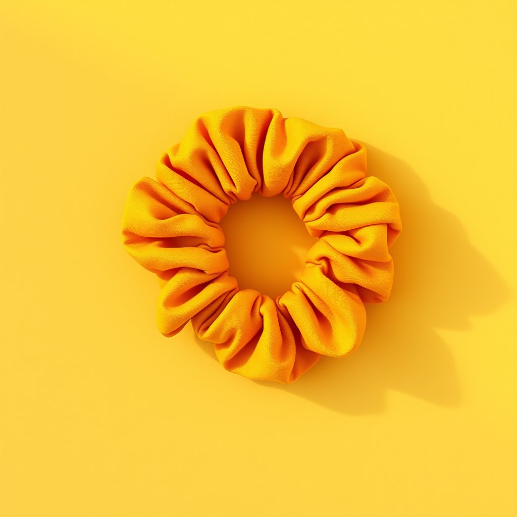 top view
yellow scrunchie
no background, golden hour lighting, warm tones, atmospheric