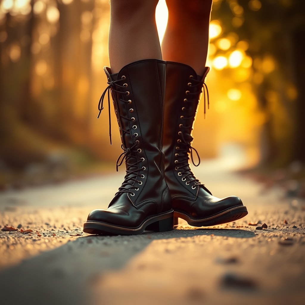 boots, golden hour lighting, warm tones, atmospheric