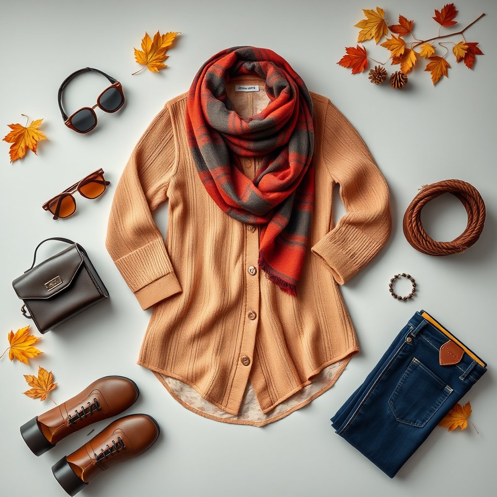 a flat-lay of stylish autumn outfit with accessories, highly detailed, 8k, professional photography, sharp focus