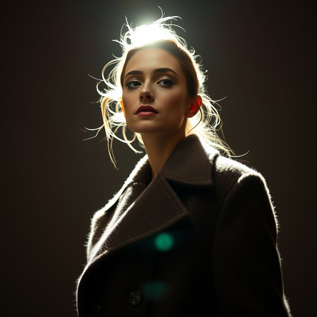 fashion editorial, model in coat, studio light, soft natural light, shallow depth of field, bokeh