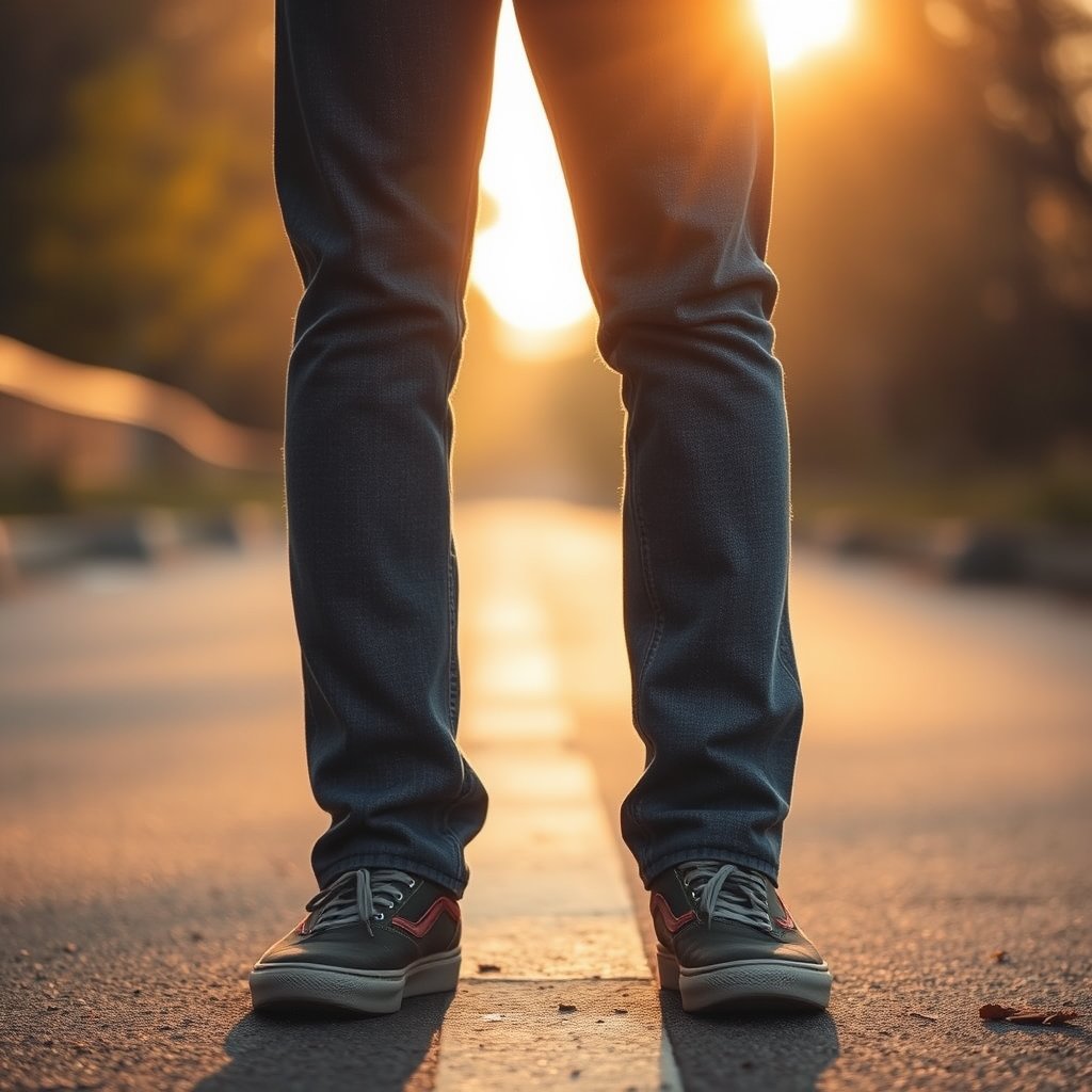jeans or trousers, golden hour lighting, warm tones, atmospheric