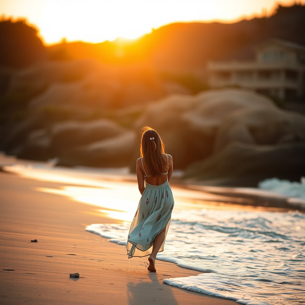 beach dress, golden hour lighting, warm tones, atmospheric