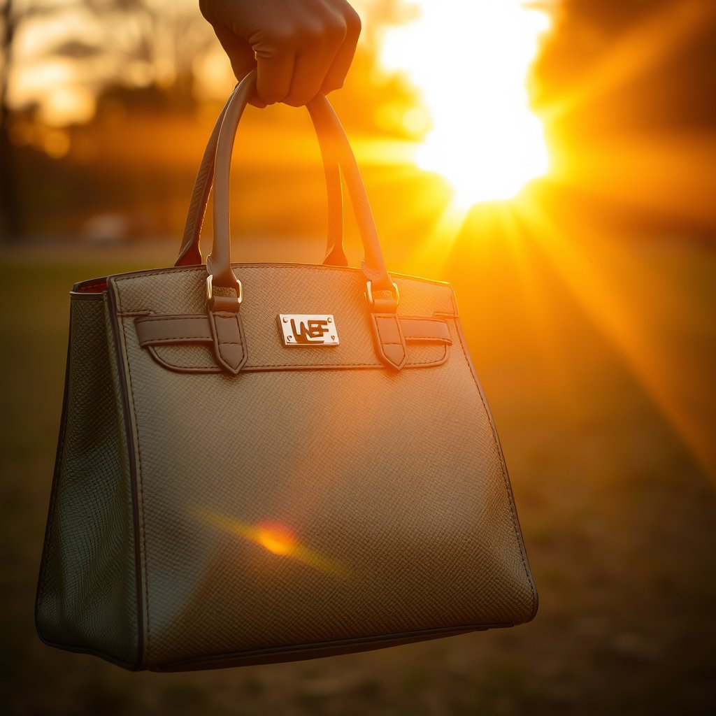 handbag, golden hour lighting, warm tones, atmospheric