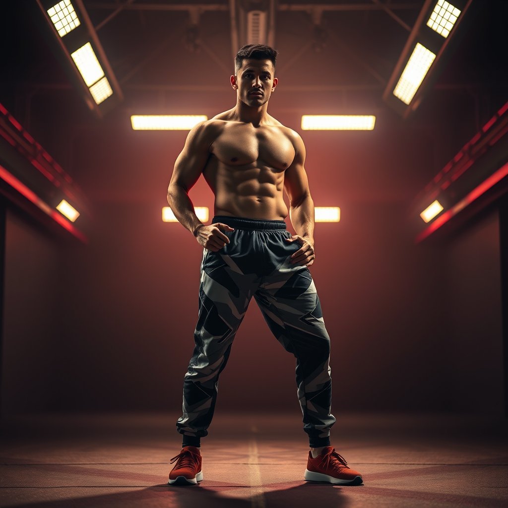 athletic pants for man, cinematic lighting, vibrant colors, dramatic atmosphere
