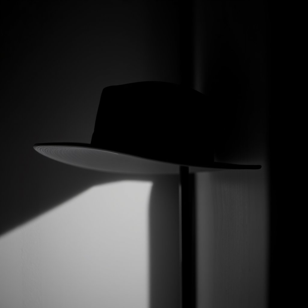hat, moody lighting, high contrast, fine art photography