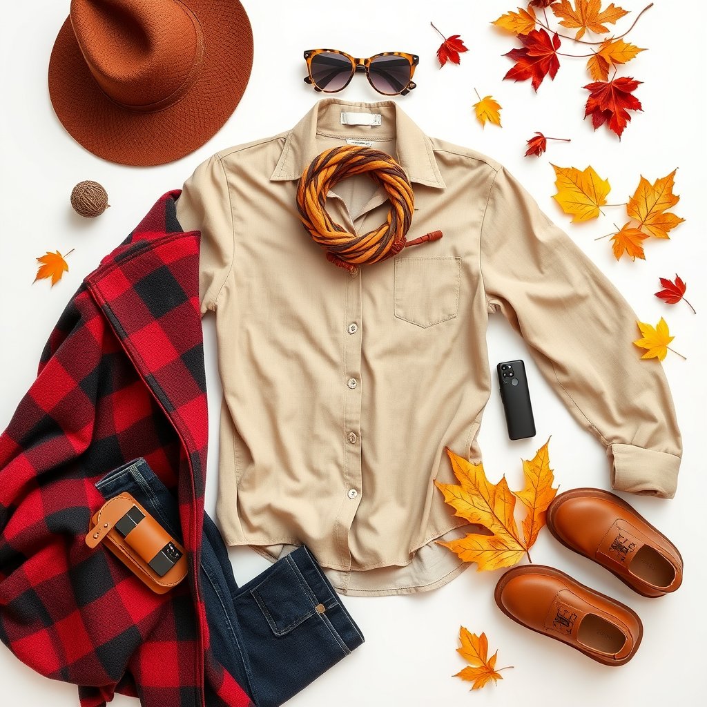 a flat-lay of stylish autumn outfit with accessories, ultra realistic, crisp details, studio quality