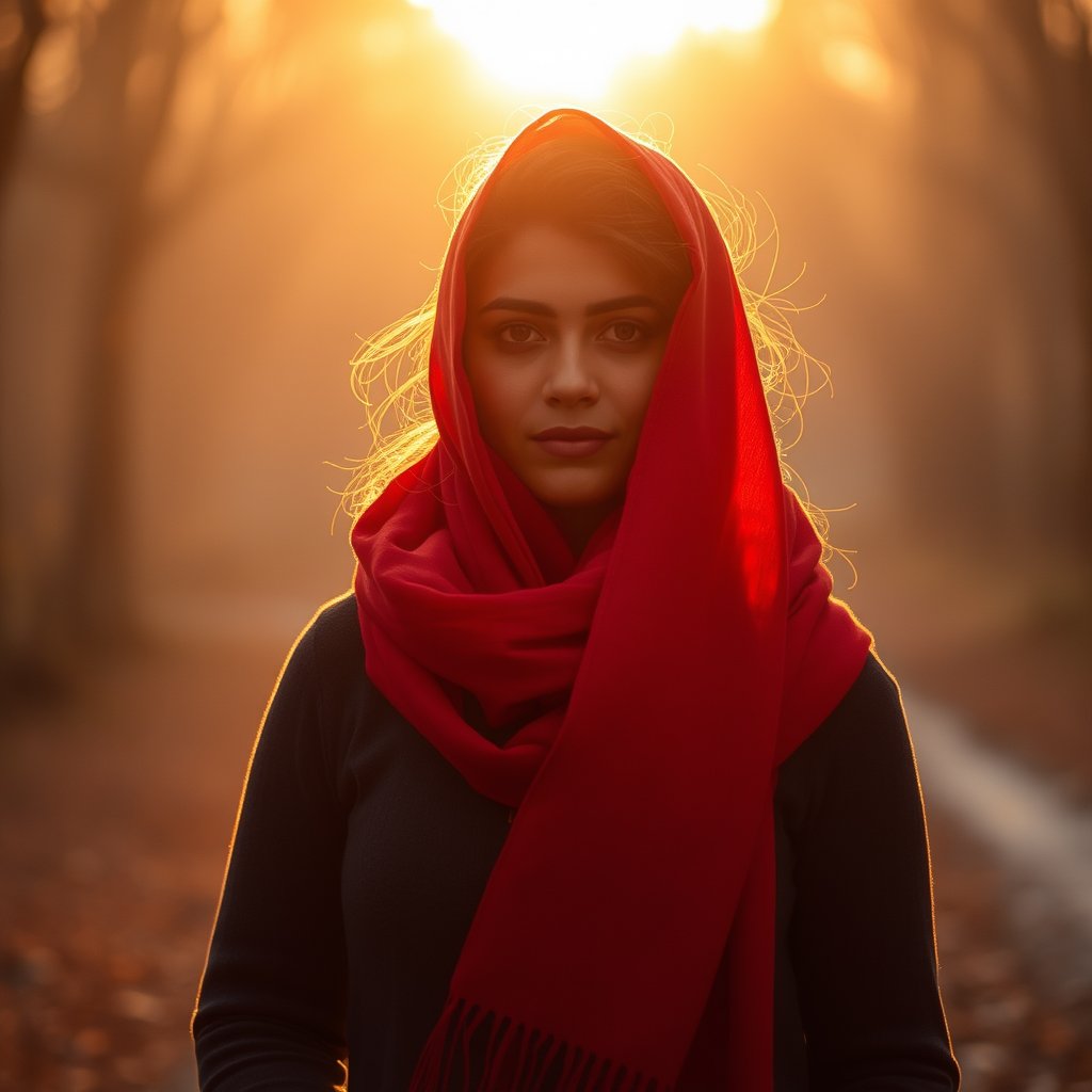 scarf red, golden hour lighting, warm tones, atmospheric