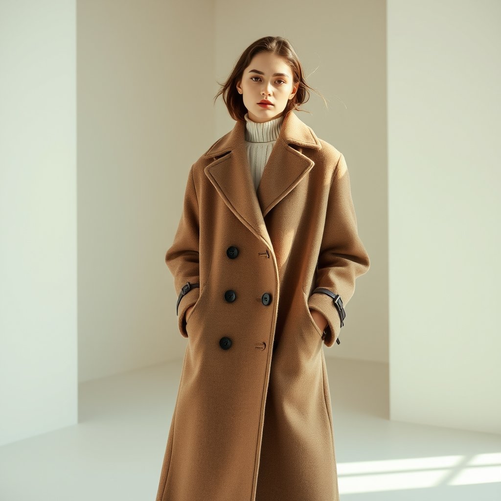 elegant wool overcoat on model, studio, fashion editorial, bright and airy, pastel tones, dreamy aesthetic